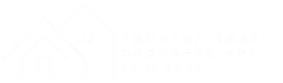 Hvidt logo for Tømrerfirmaet Cronberg ApS med hus-ikon og telefonnummer på gennemsigtig baggrund.